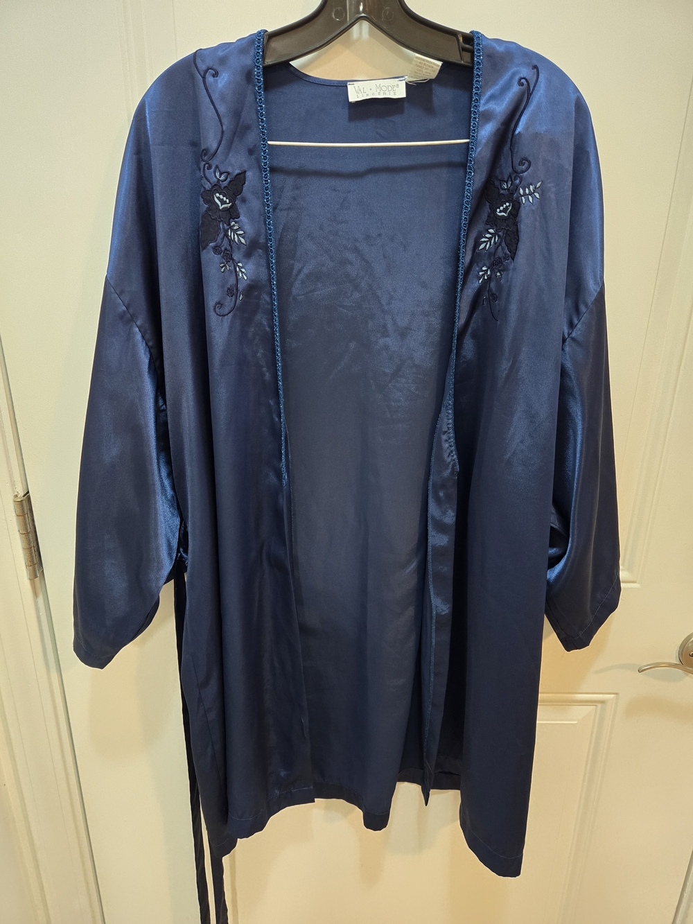 Vtg 90s Val Mode Lingerie Navy Blue Satin Robe Kimono Dressing Gown Medium M